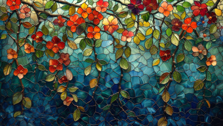 Mosaic background with colorful flowers and leaves. Floral pattern. Generative Ai.の素材
