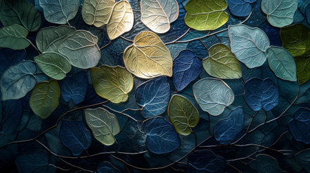 background of blue and yellow leaves on a dark blue background. texture. Generative Ai.の素材