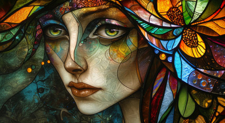 portrait of a beautiful girl in stained glass style, close-up. Generative Ai.の素材