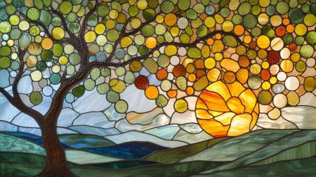 Stained glass window in the shape of a tree and sun. Generative Ai.の素材