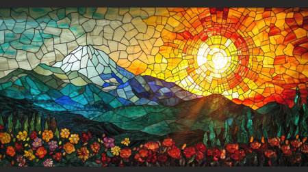 Colorful stained glass window with sun and mountains in the background. Generative Ai.の素材