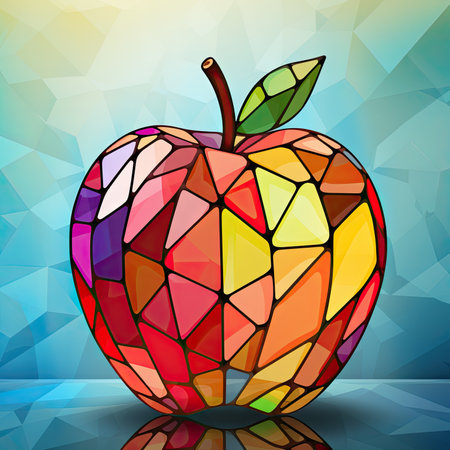 Illustration in the style of a stained glass apple on a multicolored background. Generative Ai.の素材