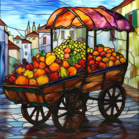 Fruits and vegetables in a cart on the background of the city. Generative Ai.の素材