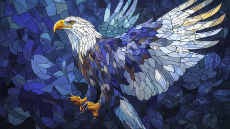 Digital painting of an eagle in a stained glass window in blue tones. Generative Ai.の素材