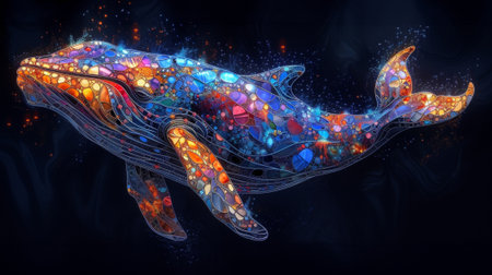 3D rendering of a blue whale with colorful mosaic on black background. Generative Ai.の素材