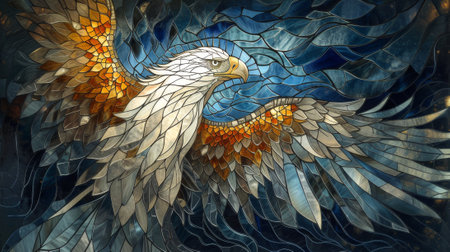 Colorful stained glass window of an eagle in the shape of a heart. Generative Ai.の素材
