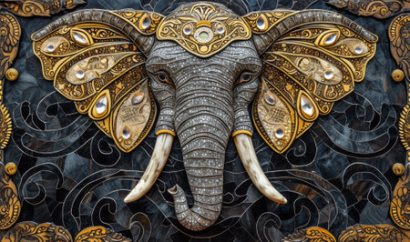Decorative elephant head in the form of a shield on a black background. Generative Ai.の素材