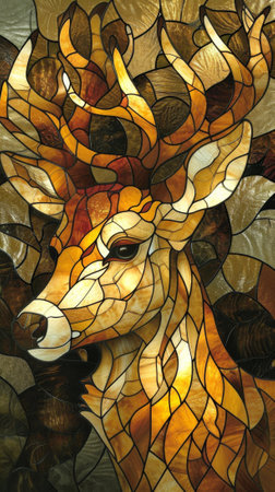 Stained glass window with a picture of a deer in the style of stained glass. Generative Ai.の素材