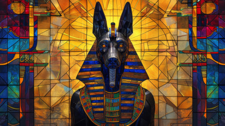 Stained glass window depicting an egyptian god of the pharaohs. Generative Ai.の素材