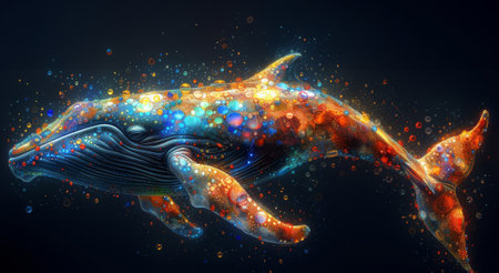 3d rendering of a blue whale with colorful particles in the background. Generative Ai.の素材