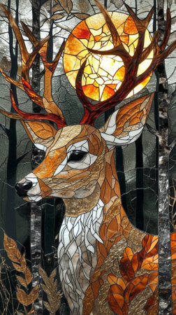 Stained glass window with a painting of a deer in the forest. Generative AI.の素材