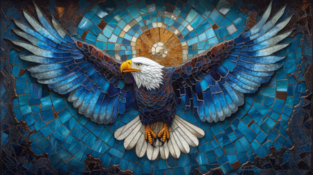 Bald Eagle on a blue mosaic background. 3D illustration.  Generative Ai.の素材