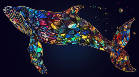 Illustration of a stained glass whale on a dark blue background. Generative Ai.の素材