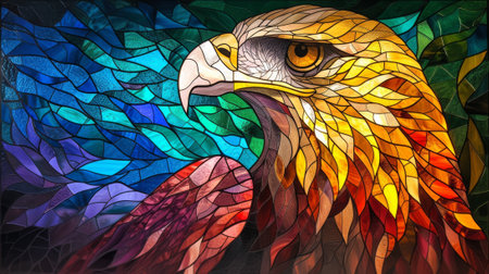 Colorful stained glass window of a bird of prey in a church. Generative AI.の素材