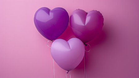 Purple heart shaped balloons on a pink background. 3D Render. Generative Ai.の素材