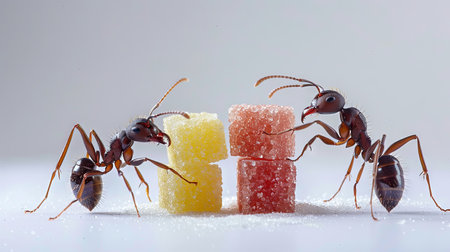 Ants and colorful candy on white background, closeup of photo. Generative Ai.の素材