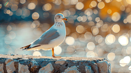 Close up of a seagull standing on a concrete wall with bokeh background. Generative Ai.の素材