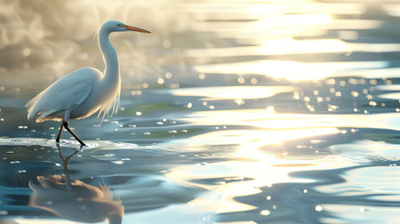 Little egret fishing in the lake. 3d render illustration. Generative Ai.の素材