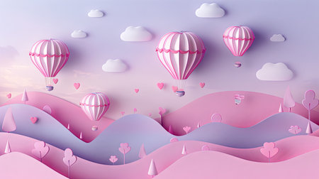 Valentine's day background with flying hot air balloons. Paper art and craft style. Generative Ai.の素材