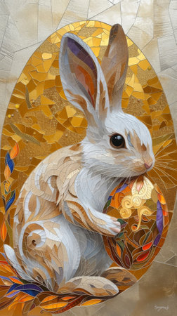 Rabbit with a Easter egg on the background of a stained glass window. Generative Ai.の素材