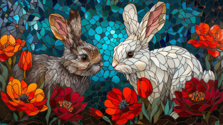 Rabbits in stained glass window with flowers. Easter illustration. Generative Ai.の素材