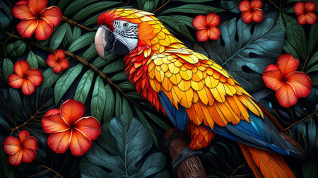 Colorful macaw parrot with tropical leaves and hibiscus flowers. Generative Ai.の素材