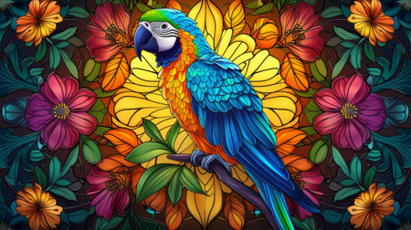 Colorful macaw parrot on floral background. Vector illustration. Generative Ai.の素材