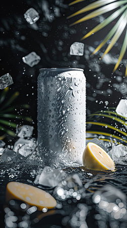 Cans of soda water with ice cubes and lemon on black background. Generative AI.の素材