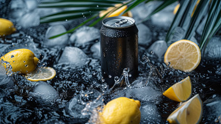 Lemon soda can with ice cubes and lemon slices on dark background. Generative AI.の素材