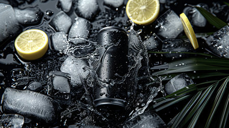 Cans of soda water with ice cubes, lemon and palm leaf on black backgroundの素材
