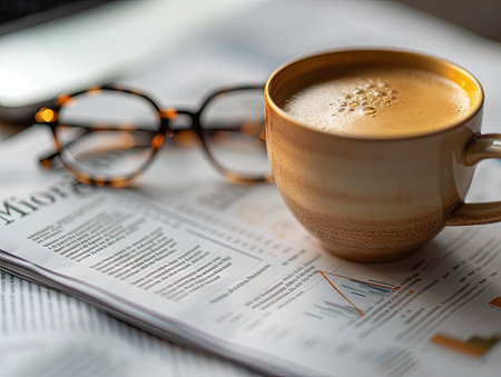 Coffee cup on newspaper with eyeglasses on table. Generative Ai.の素材