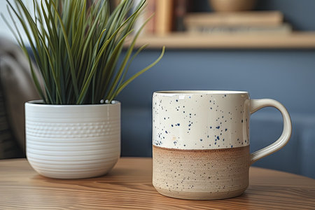 Cup of coffee on wooden table in living room, closeup. Generative Ai.の素材