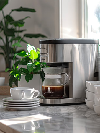 Modern coffee machine on the kitchen countertop. 3d rendering. Generative Ai.の素材