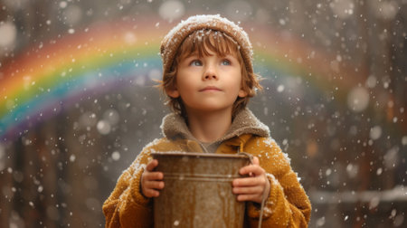 Cute little boy with cup of hot drink at winter day outdoors. Generative Ai.の素材