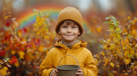 Little boy in a yellow jacket and hat with a bucket of water in the autumn forest. Generative Ai.の素材