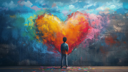 Young man standing in front of colorful painted heart, conceptual image. Generative Ai.の素材