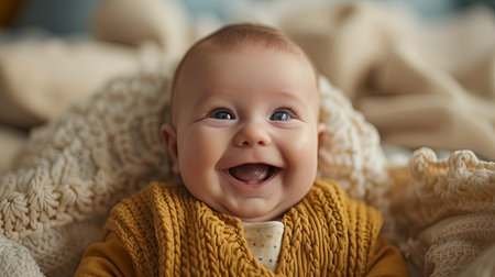 Cute little baby in knitted sweater at home, closeup. Generative AI.の素材