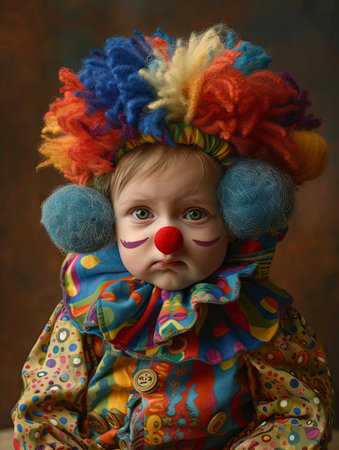 Portrait of a cute little girl in a clown costume on a dark background. Generative AI.の素材