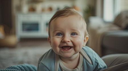 Portrait of a smiling baby boy sitting on the floor at home. Generative AI.の素材