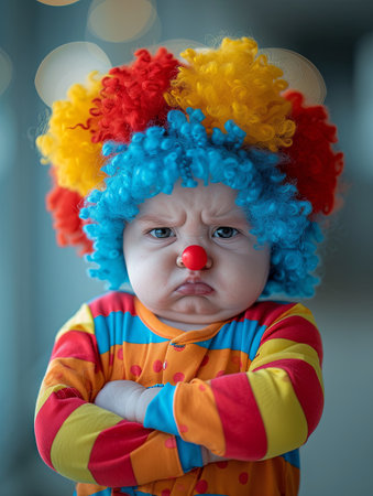 Cute baby clown in colorful wig with red nose and blue eyes. Generative AI.の素材