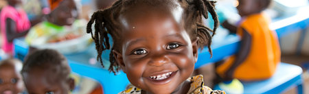 Portrait of cute african little girl smiling in school classroom. Generative AI.の素材