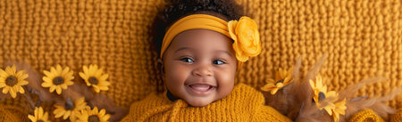 top view of smiling african american baby in yellow sweater, banner. Generative AI.の素材