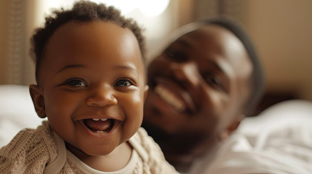 Portrait of a happy African American father with his little daughter. Generative AI.の素材