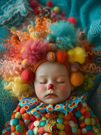 Close-up of a doll with colorful hair and eyes closed. Generative AI.の素材