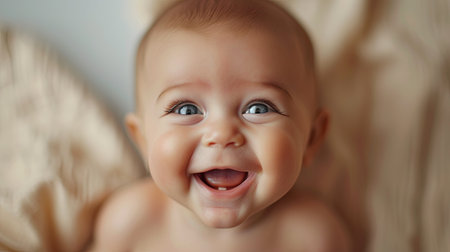 Portrait of a cute smiling baby boy lying on the bed. Generative AI.の素材