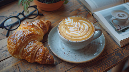 Coffee cup with croissant and book on wooden table. Generative Ai.の素材