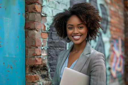 Portrait of smiling african american businesswoman with laptop in urban setting. Generative Ai.の素材