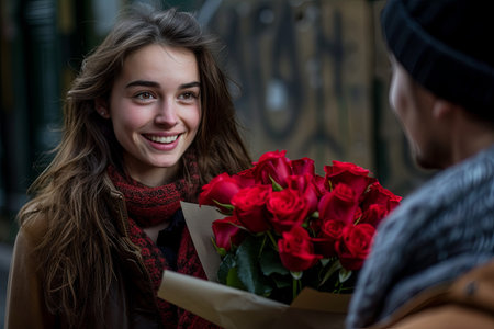 Young man giving bouquet of red roses to his girlfriend on the street. Generative Ai.の素材