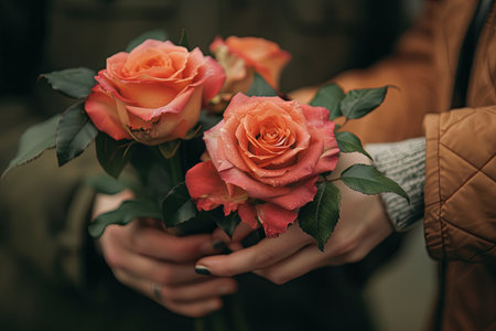 Close-up of a bouquet of pink roses in the hands of a man. Generative Ai.の素材