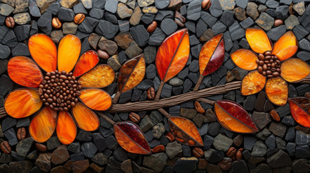 Autumn leaves on stone background, top view, flat lay. Generative Ai.の素材